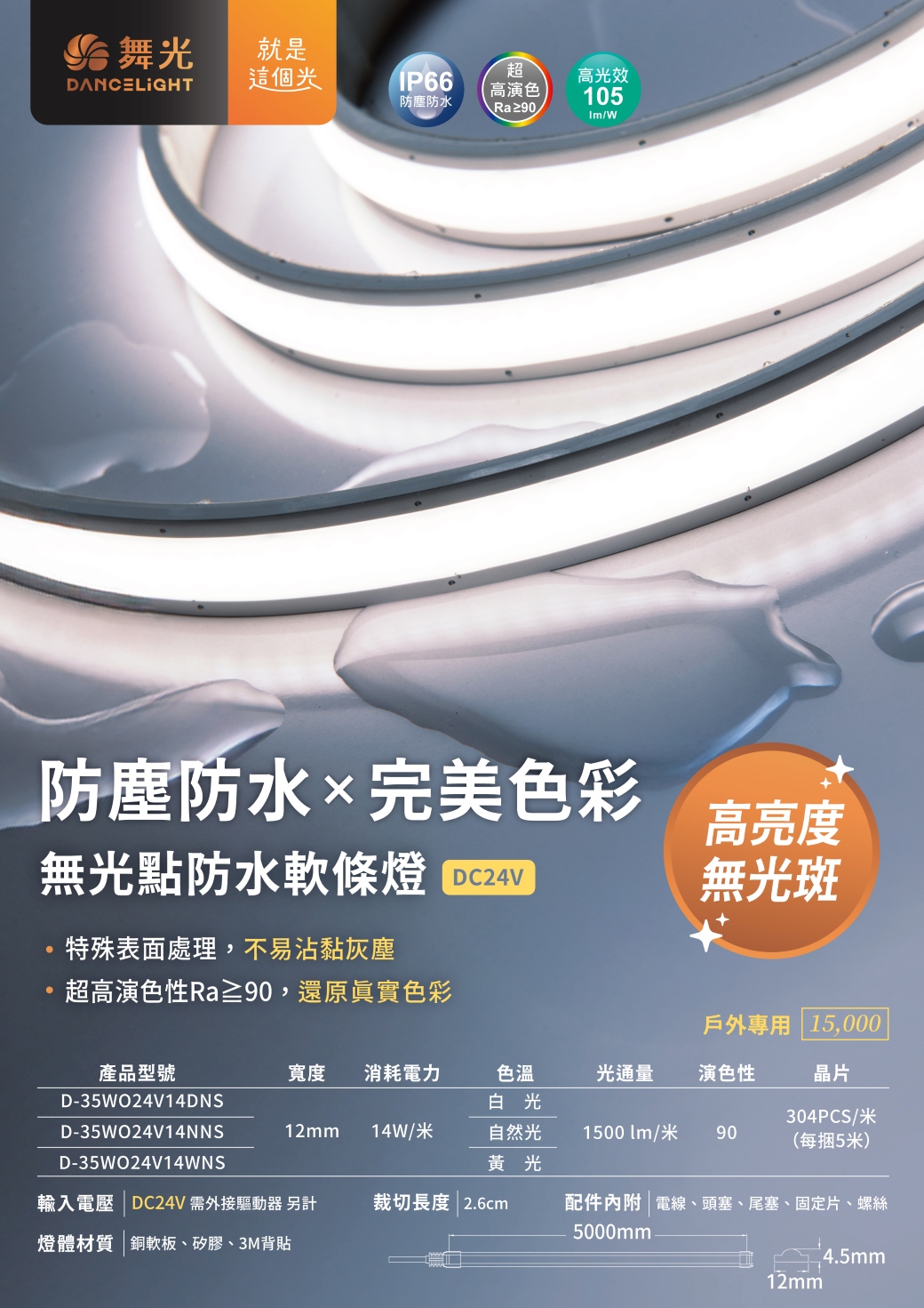 202510-304P 戶外專用 DC24V 12mm 無光點防水軟條燈